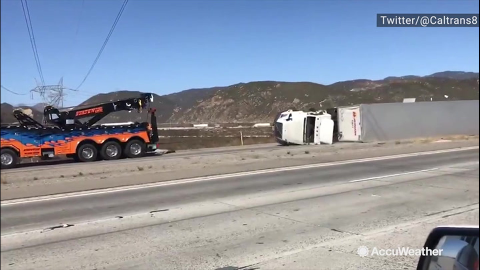 On Oct. 30, winds as high as 80 mph tipped over two tractor-trailers near Fontana, California. After a lot of hard work, crews were able to get one of the trailers off the highway and another pushed off to the side.