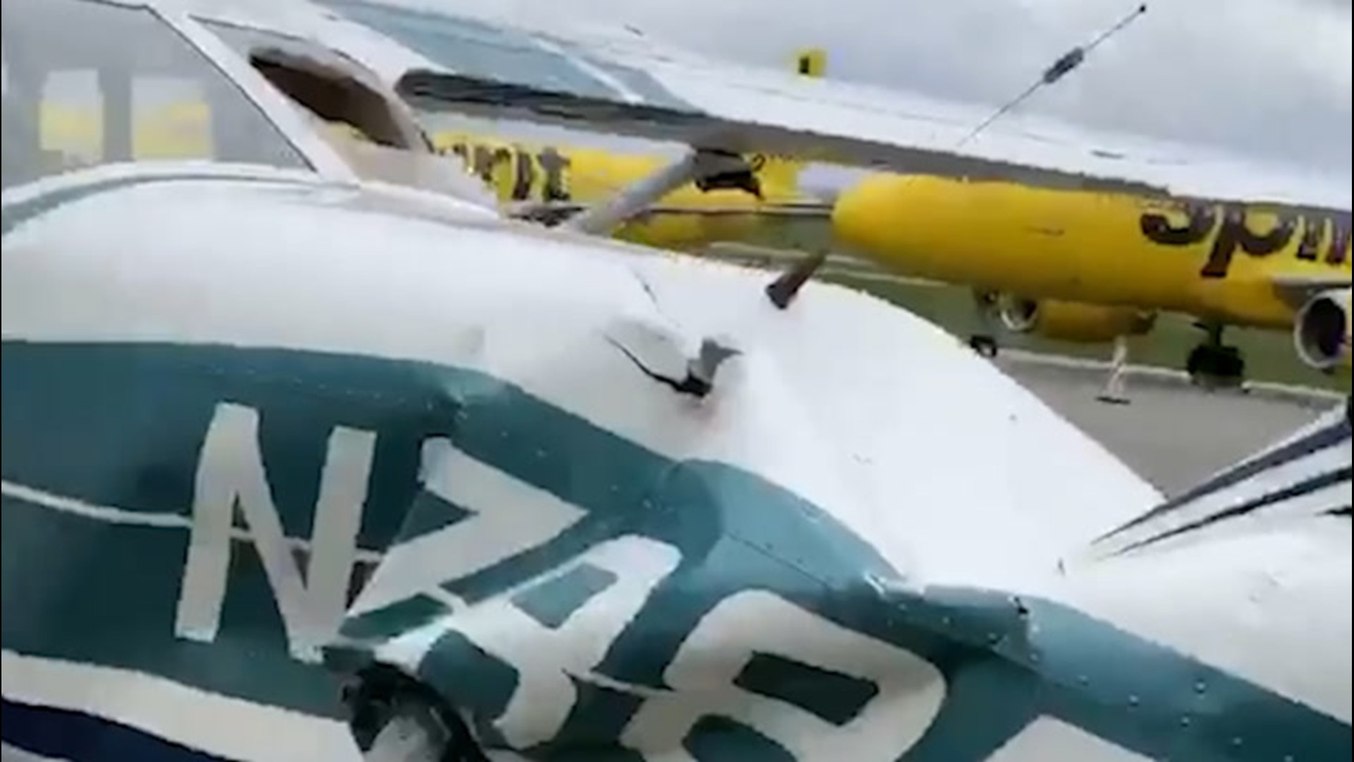 A plane was damaged by high winds during a thunderstorm at Arnold Palmer Regional Airport in Latrobe, Pennsylvania, early on the morning of April 7.