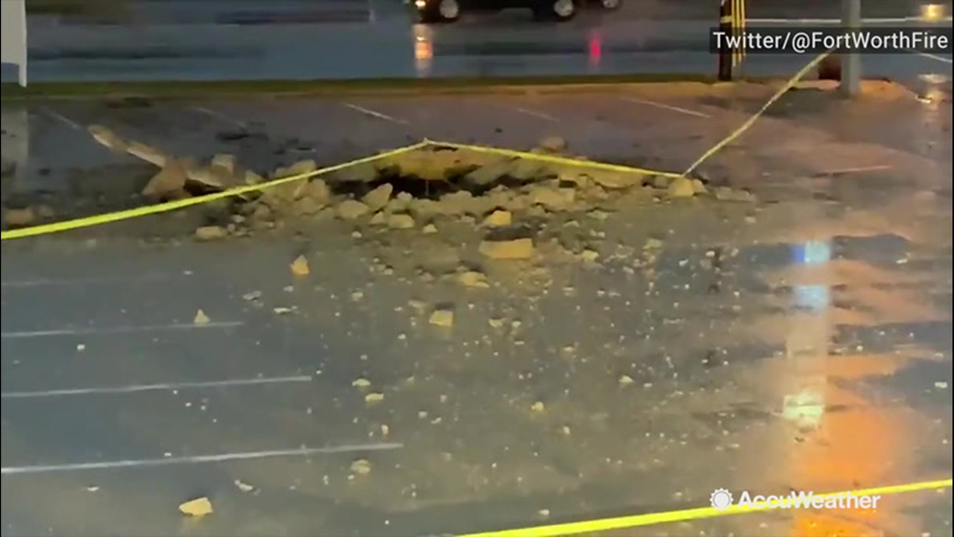 A lightning strike blasted through a gas station parking lot and left 15-foot- diameter hole in Fort Worth, Texas, on Oct. 30. The crater left was about 3-feet deep, Fort Worth Fire Department crews said there were no injuries.