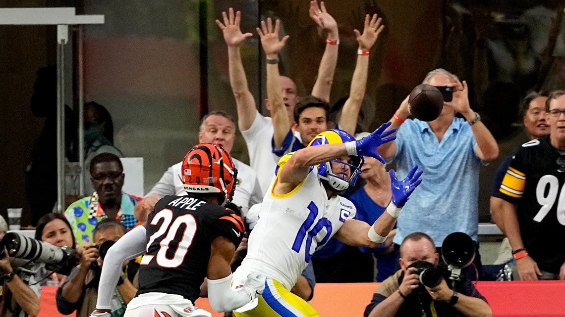 Los Angeles Rams inside linebacker Ernest Jones (50) hits Cincinnati Bengals  running back Joe Mixon (28) during the second half of the NFL Super Bowl 56  football game Sunday, Feb. 13, 2022