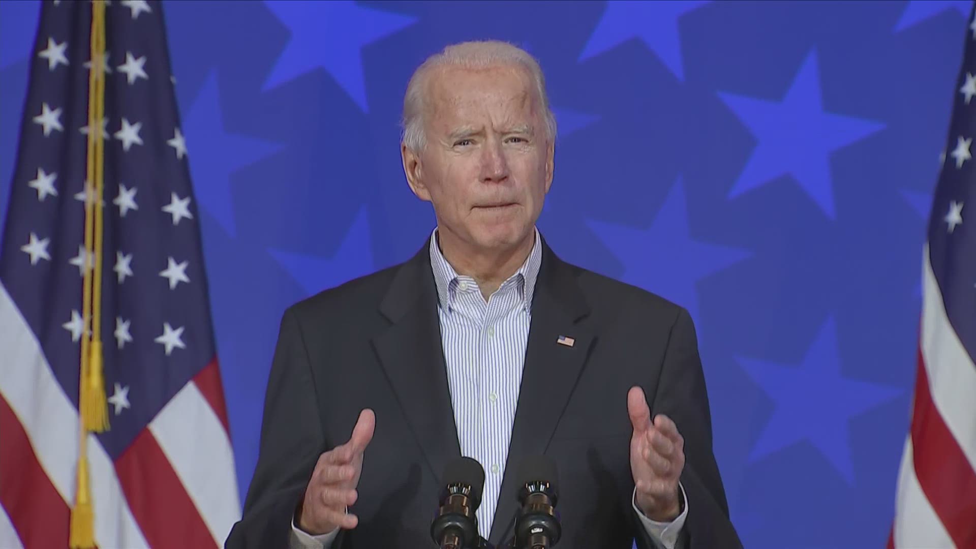 During a brief statement Thursday, Democratic presidential nominee Joe Biden urged everyone to stay calm as key battleground states press forward with vote counting.