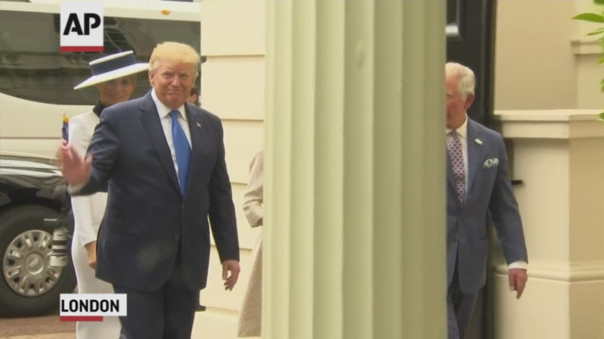 President Donald Trump and first lady Melania Trump are having afternoon tea with Prince Charles and his wife, Camilla, at their official residence in central London. (AP)