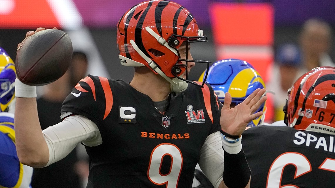 Los Angeles, United States. 13th Feb, 2022. Cincinnati Bengals wide  receiver Ja'Marr Chase (1) makes a 46-yard catch over Los Angeles Rams  cornerback Jalen Ramsey (5) during the first half of Super