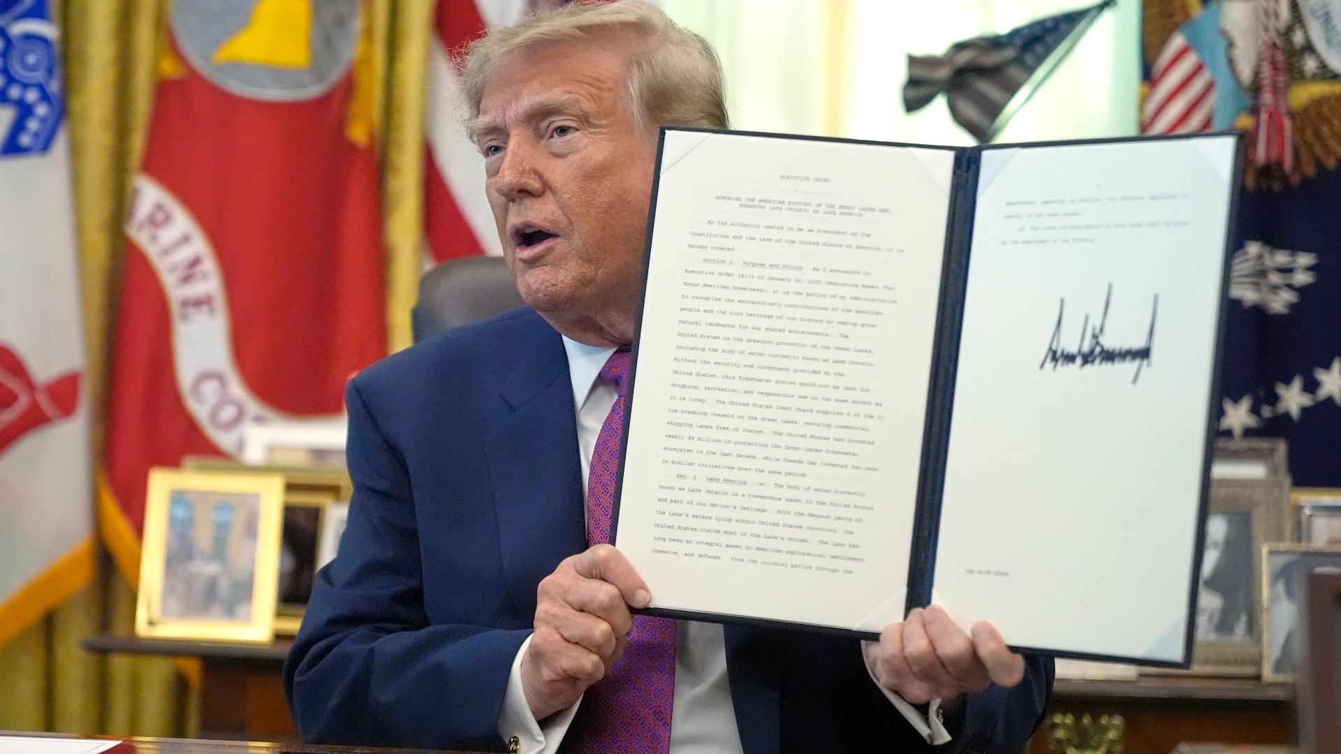 President Trump signs executive order to rename Lake Ontario to Lake America The executive order comes as the trade war between the United States and Canada intensifies.