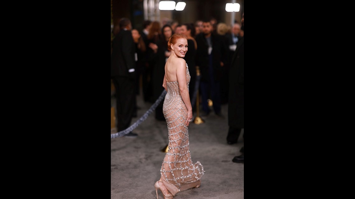 Jessica Chastain Wears a Bejeweled Mask to Match Her Golden Globes Gown | kvue.com Jessica Chastain Wears a Bejeweled Mask to Match Her Golden Globes Gown | kvue.com