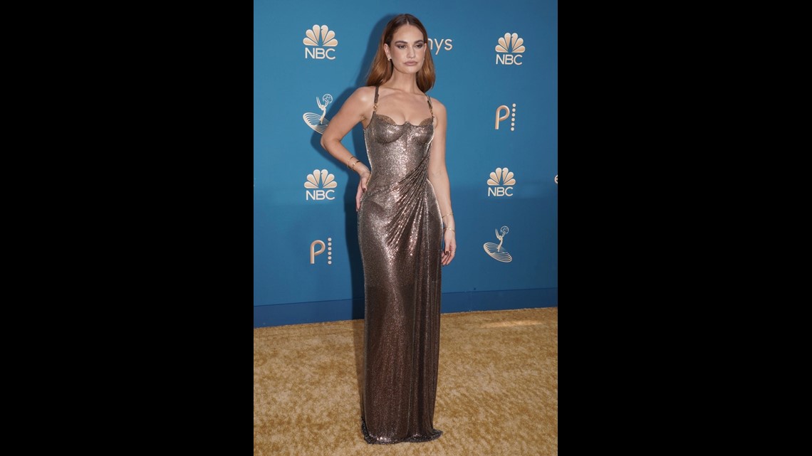 Lily James shuts down Golden Globes in a red Versace dress