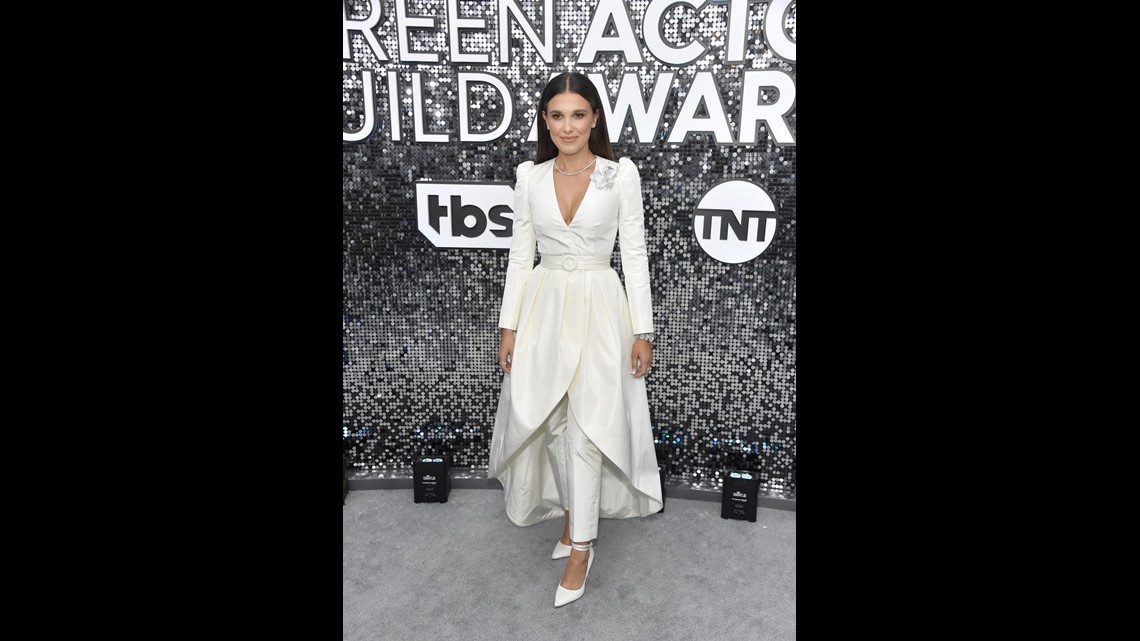 millie bobby brown red carpet white dress Millie Bobby Brown's Emmys 2017 Dress
