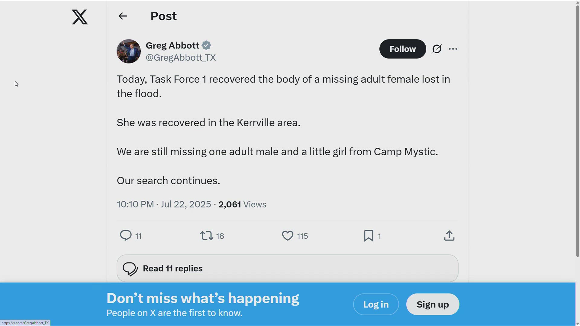 The governor said a man and a little girl from Camp Mystic remain missing as the search continues.