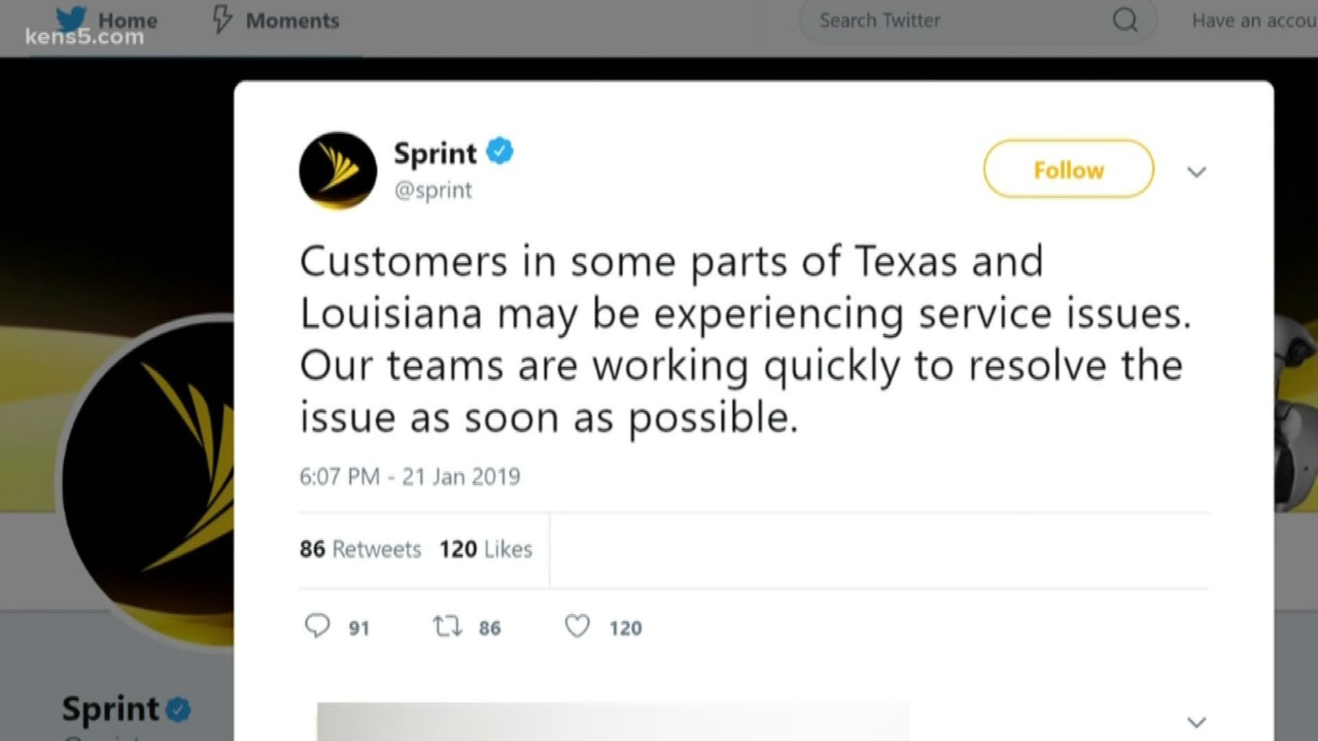 Thousands of residents of Texas and Louisiana who get their cell service from Sprint were experiencing outages Monday night.