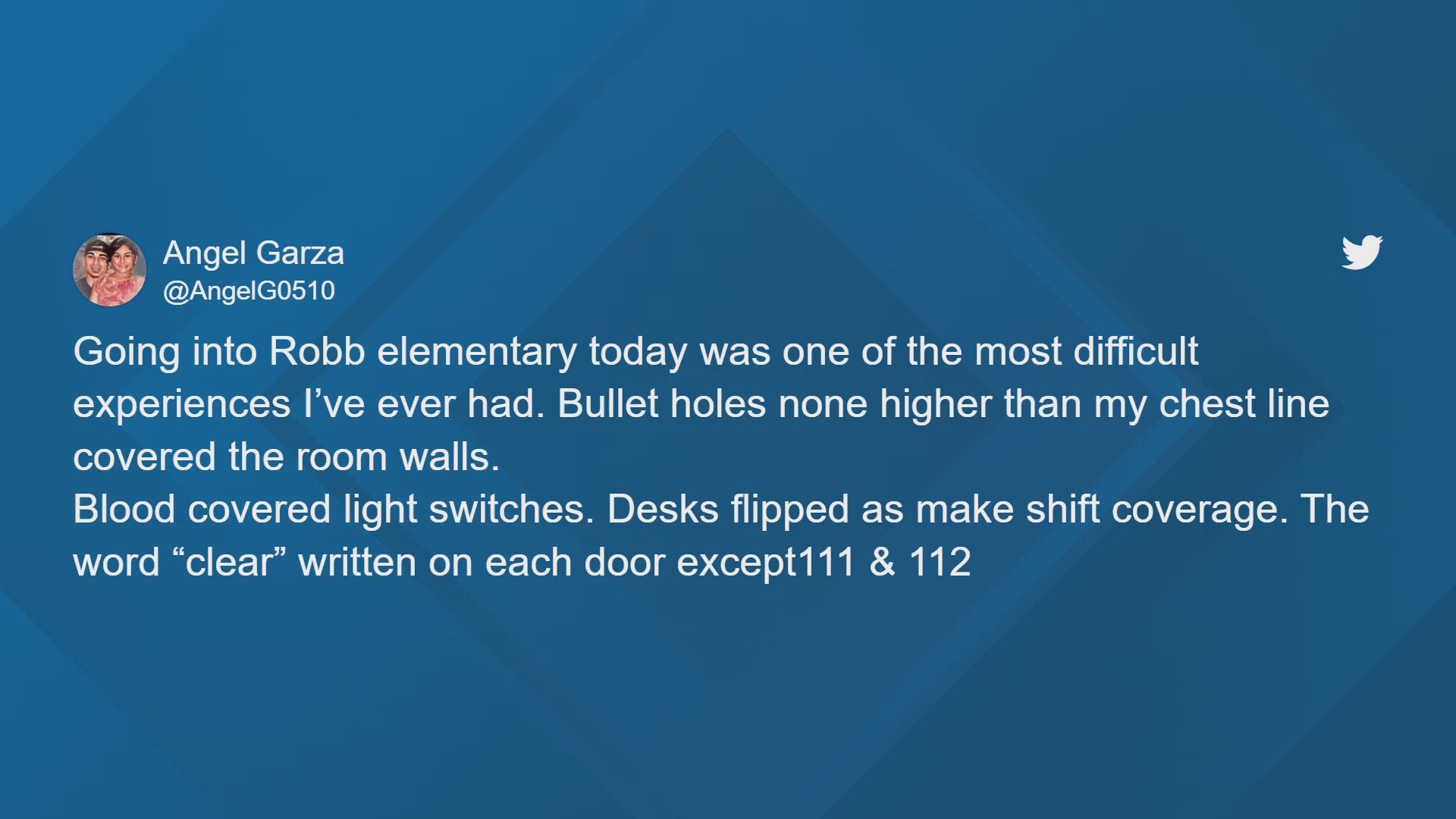 One parent tweeted about the experience, saying 'bullet holes none higher than my chest line covered the room walls, blood covered light switches."