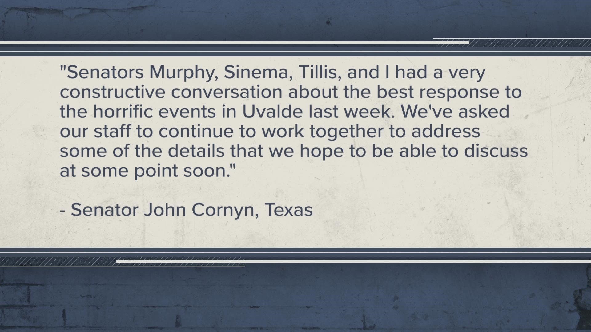 Texas Senator John Cornyn met with a Democratic senator in hopes of finding common ground after the Uvalde shooting.