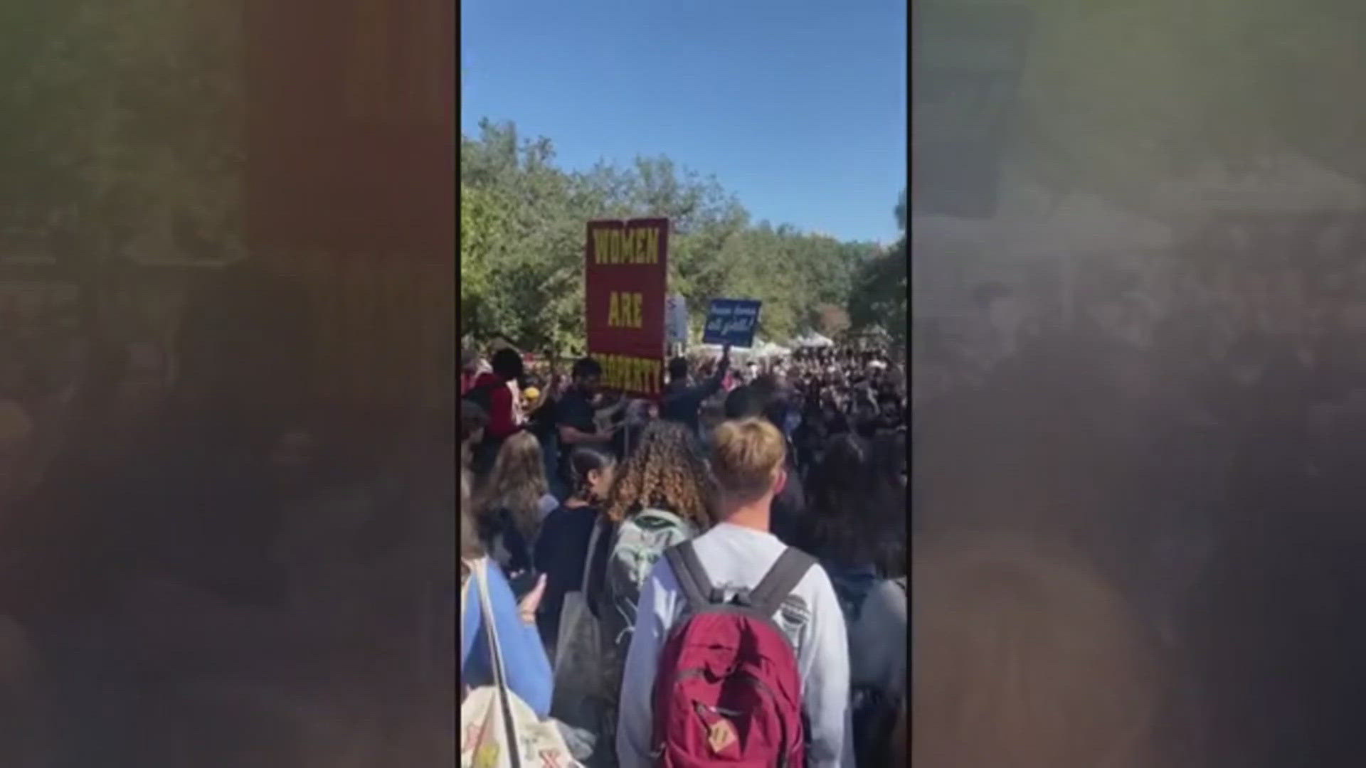 It began when a group of demonstrators gathered on-campus holding signs with language that demeaned women. Shortly after, a counter-protest ensued.