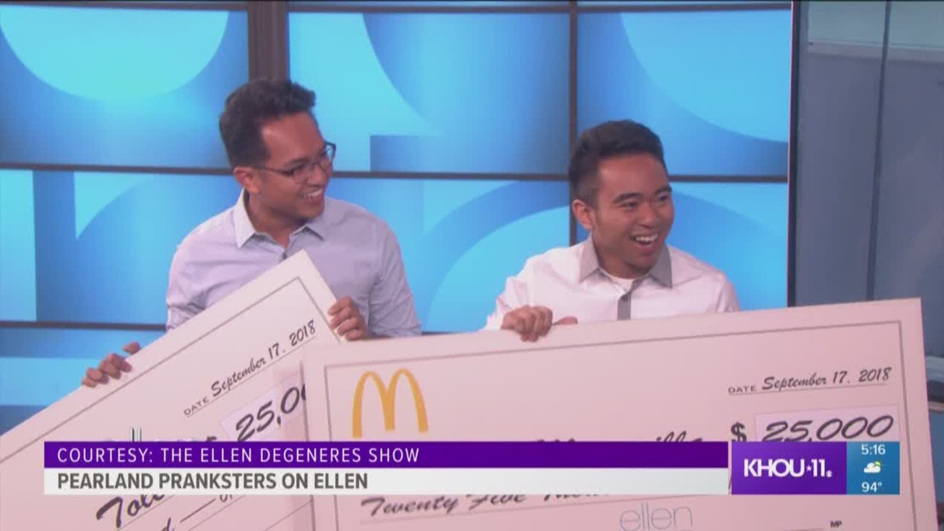 The buddies who pulled off an epic prank at a Pearland McDonald's shared their story with "Ellen" Monday.  She had a huge surprise for Jevh Maravilla and Christian Toledo, who went viral after posting a fake marketing ad of themselves in the McDonald's.  