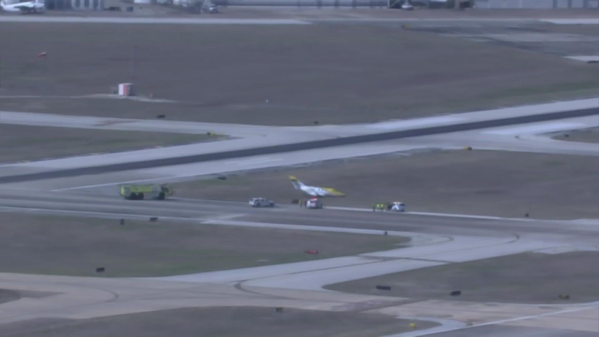 All inbound and outbound flights were grounded at Hobby Airport Friday, Feb. 17 after a small plane slid off the runway.