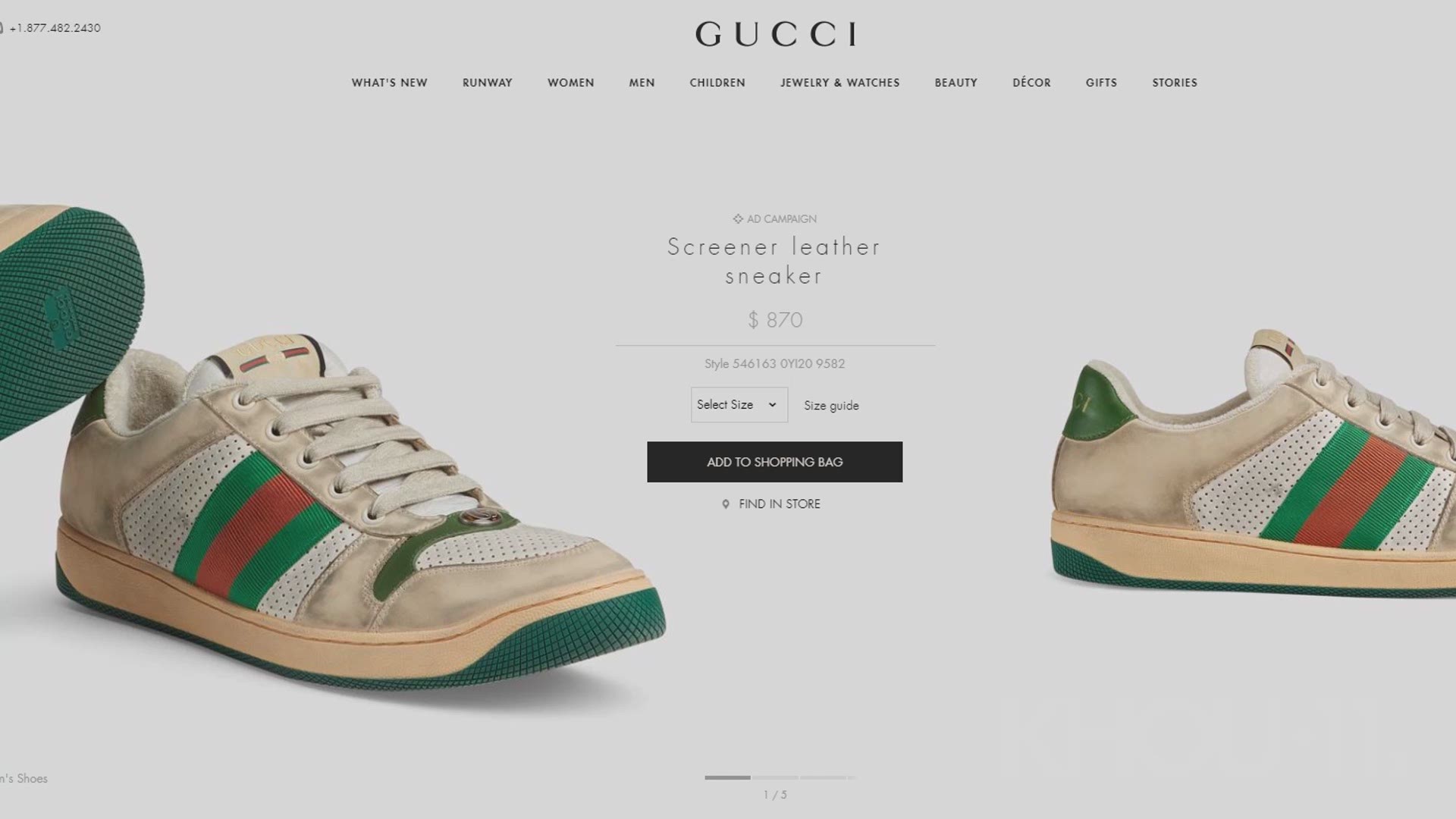 Gucci’s website is currently selling the “Screener” leather sneaker for $870. No surprise on the cost, that’s Gucci for you. But what is surprising is the white leather already comes with a stained, off white look. Even the shoe laces look dirty. And the shoes have scuff marks.