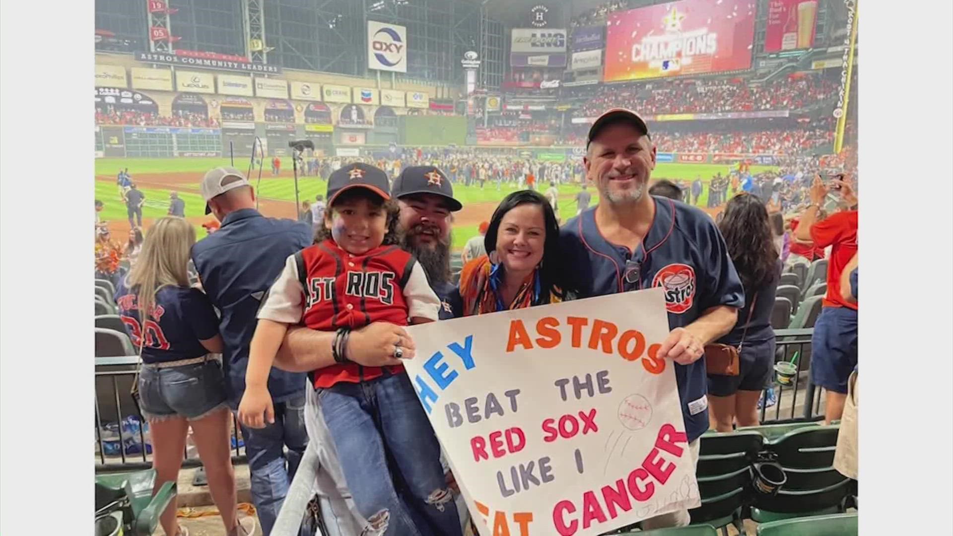 The 4-year-old boy's sign went viral during the ALCS against the Red Sox.