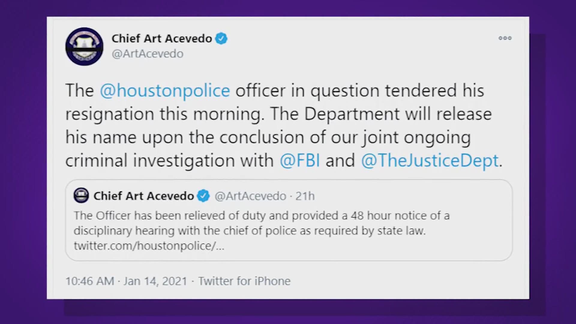 Houston Police Chief Art Acevedo said the 18-year-veteran will likely face federal charges after taking part in the riot at the U.S. Capitol.