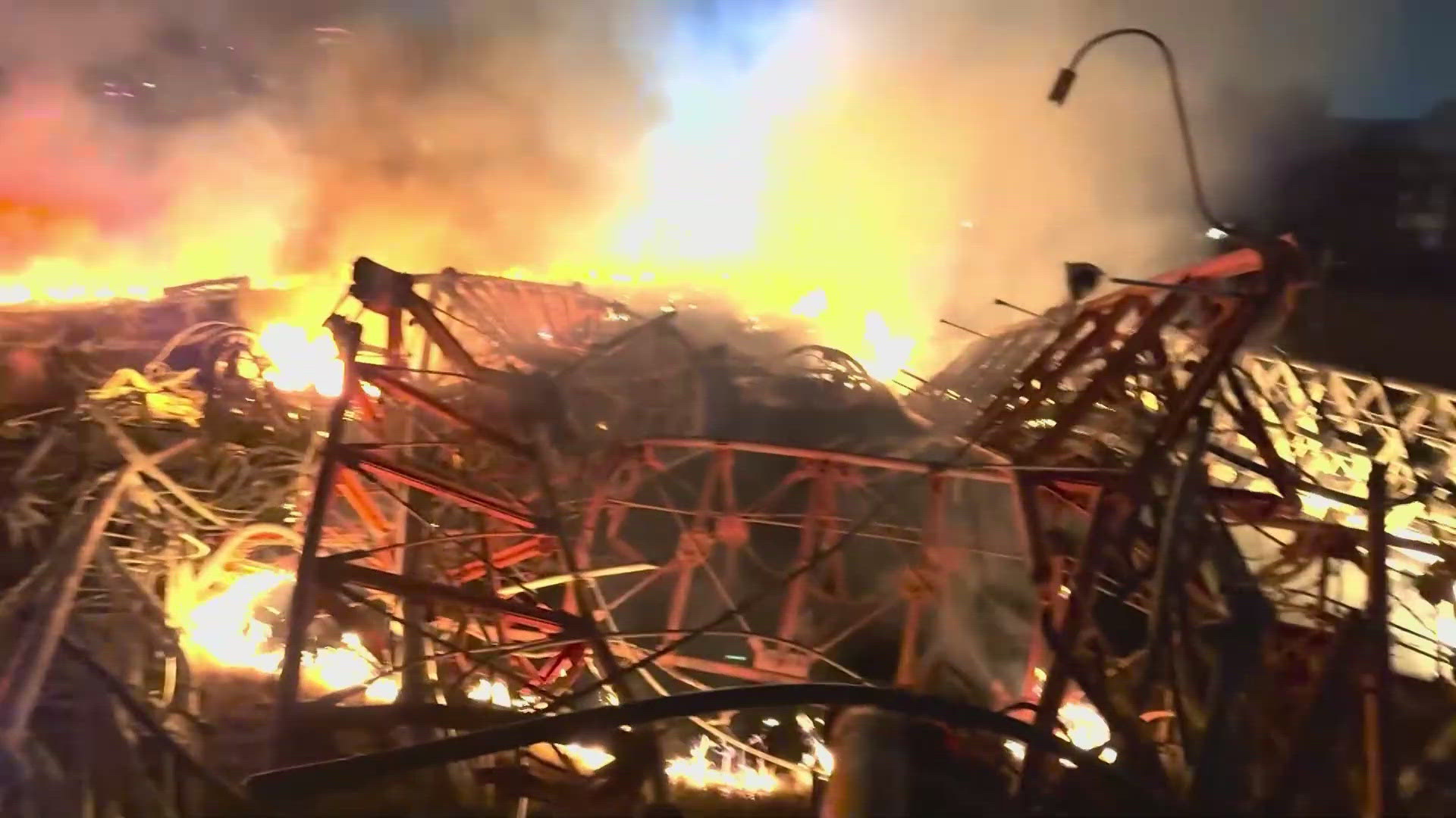 The helicopter crashed into a radio tower, which sparked a fire and spread debris over several blocks.