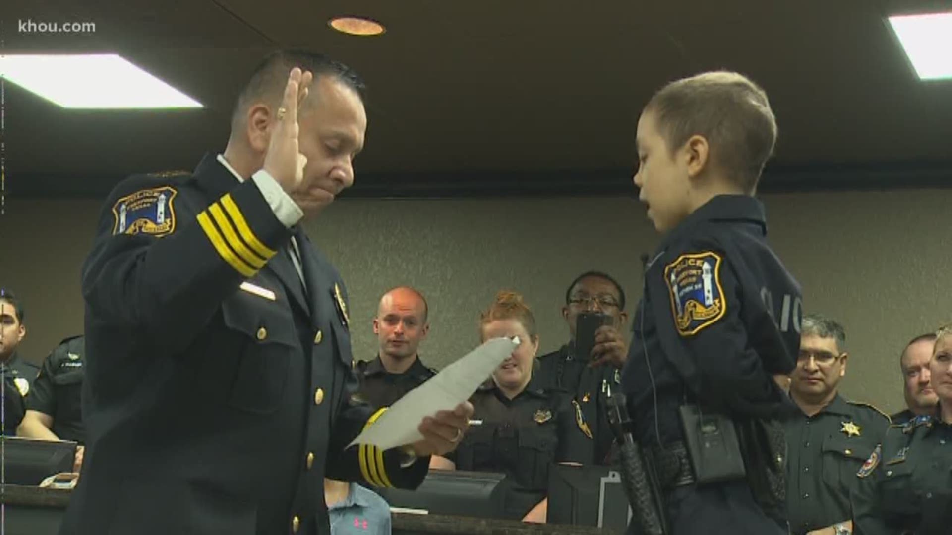 The newest officer became chief 18 minutes after being sworn in at the Freeport Police Department. She is six-years-old with cancer in both lungs.  Doctors said she does not have long to live.  So she lived part of her dream Thursday morning. Freeport PD has 33 sworn officers.  None is more determined to bust bad guys than the six-year-old holding badge number 758.