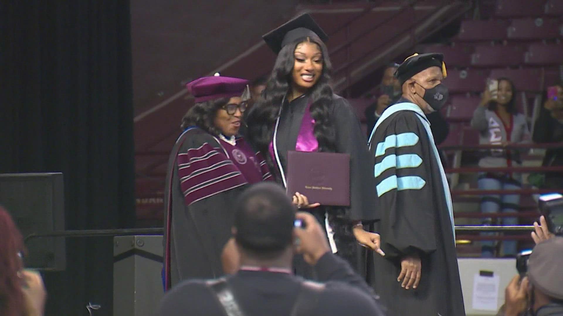 Houston's Megan Thee Stallion is now Megan Thee Graduate! She walked across the stage Saturday at Texas Southern University's 2021 Winter Commencement Ceremony.