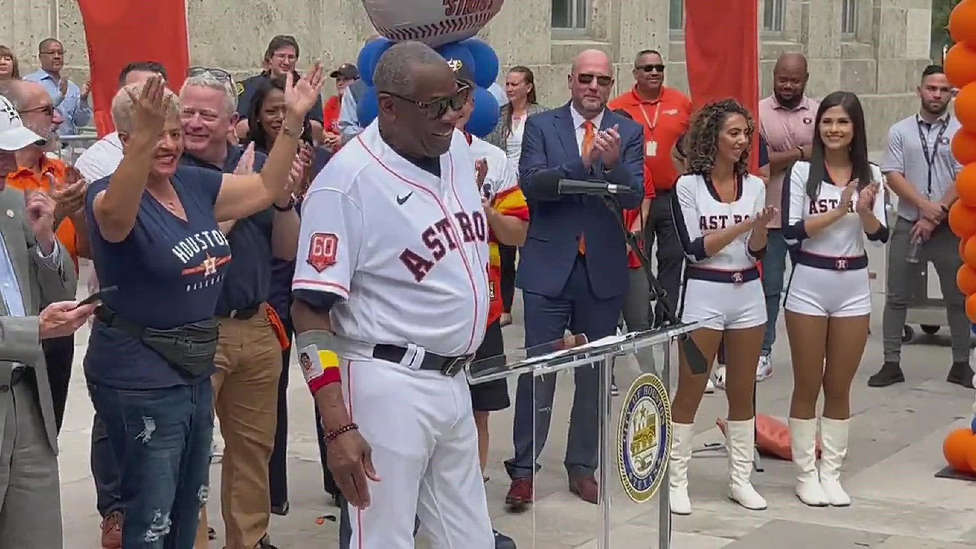 The beloved manager told the crowd, "From the bottom of my heart, I really, really appreciate this," saying Astros fans are the best he's ever seen.