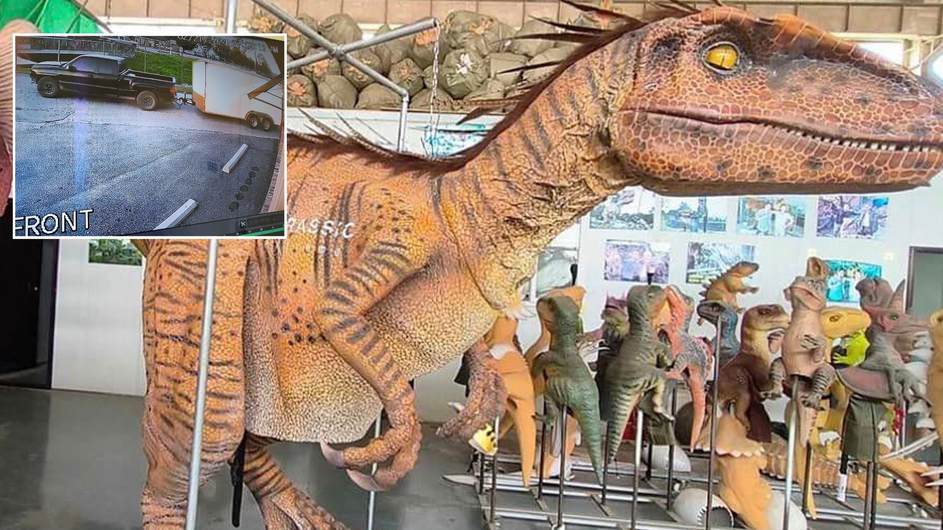 Owner Oscar Bravo said the alleged thieves took off with $15,000 worth of goods, including the dinosaur costumes and trailer.