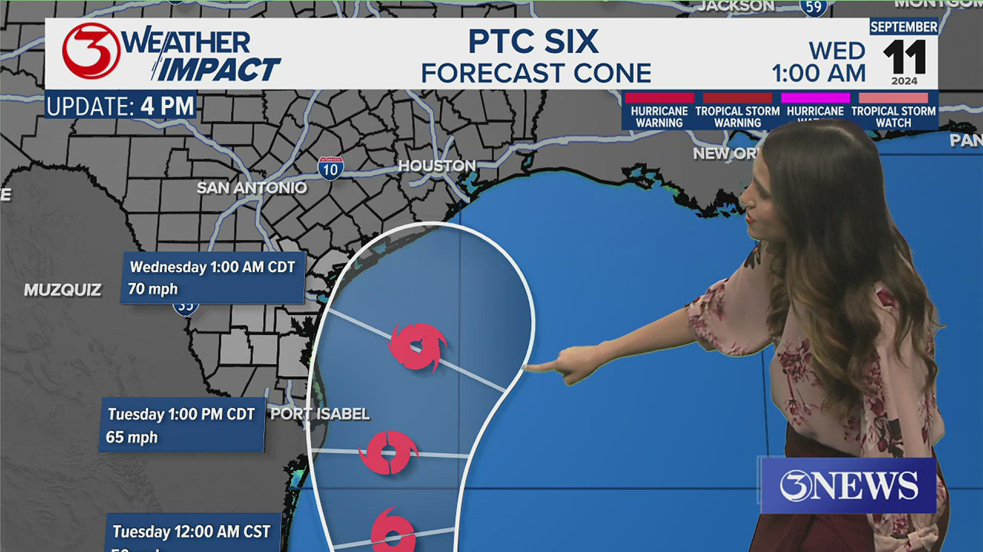 Tropical humidity and rain chances come rushing back into the Coastal Bend as PTC Six moves north through the Gulf of Mexico. Clearer weather into next weekend.