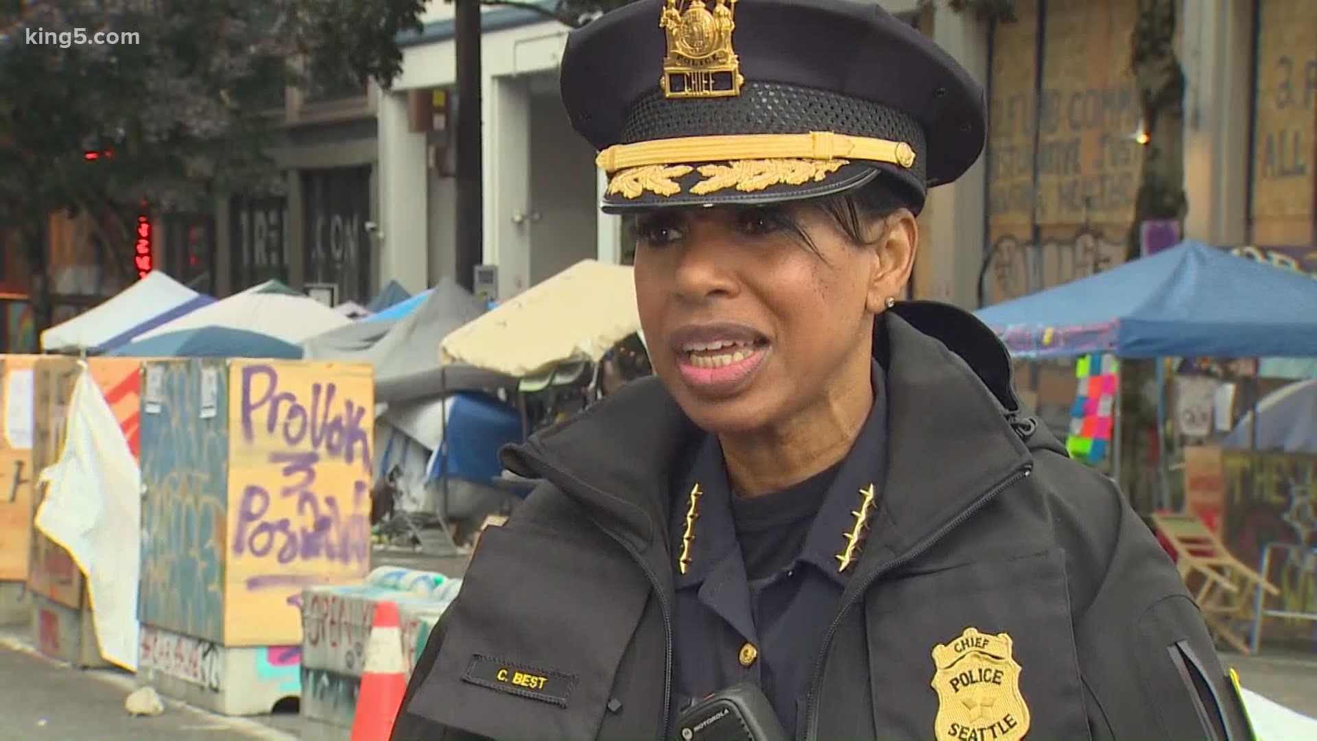 Seattle Police Chief Carmen Best gave a briefing after police cleared the CHOP on July 1, 2020 to prepare to move back into the East Precinct on Capitol Hill.