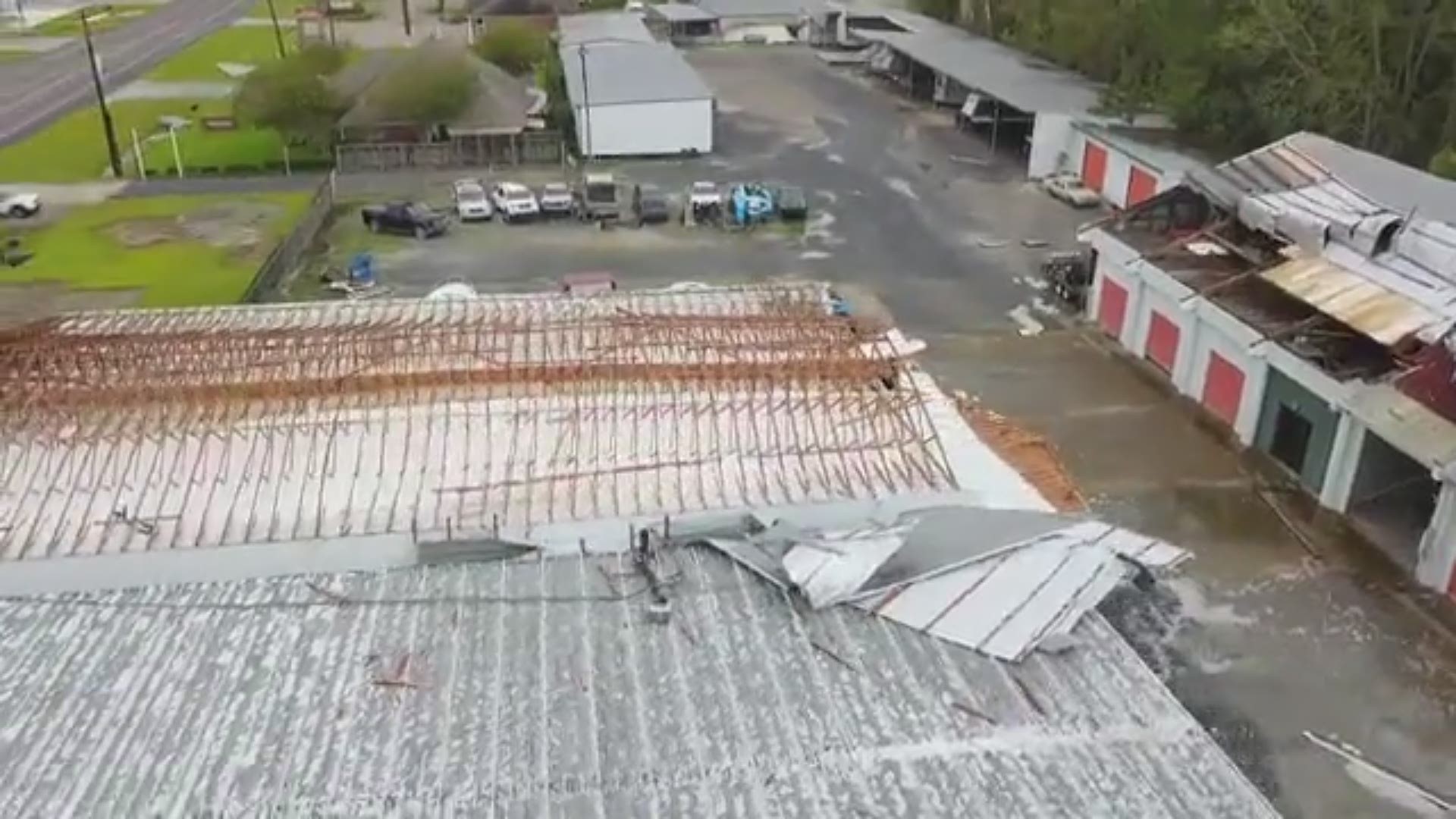 Drone video captures a video of the damage caused by Hurricane Laura to a warehouse in Orange County, Texas
