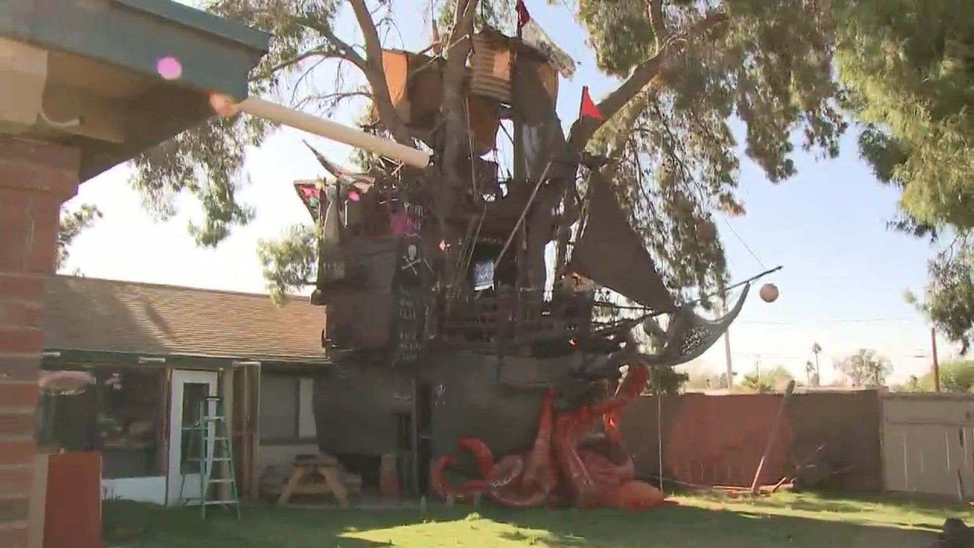 A man builds his very own life size pirate ship in his backyard.