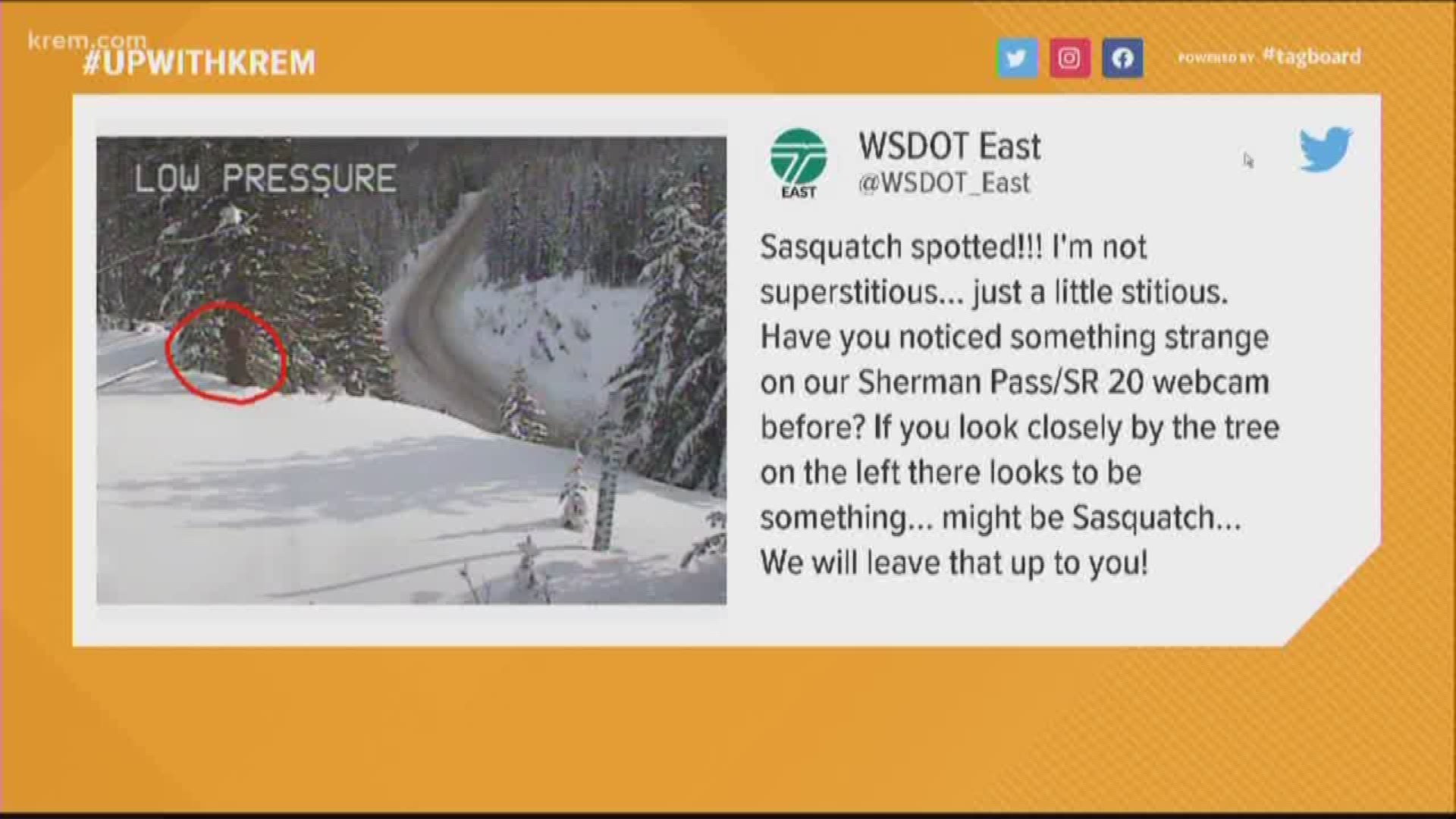 The Washington State Department of Transportation tweeted photos of what it said might be Sasquatch at Sherman Pass.