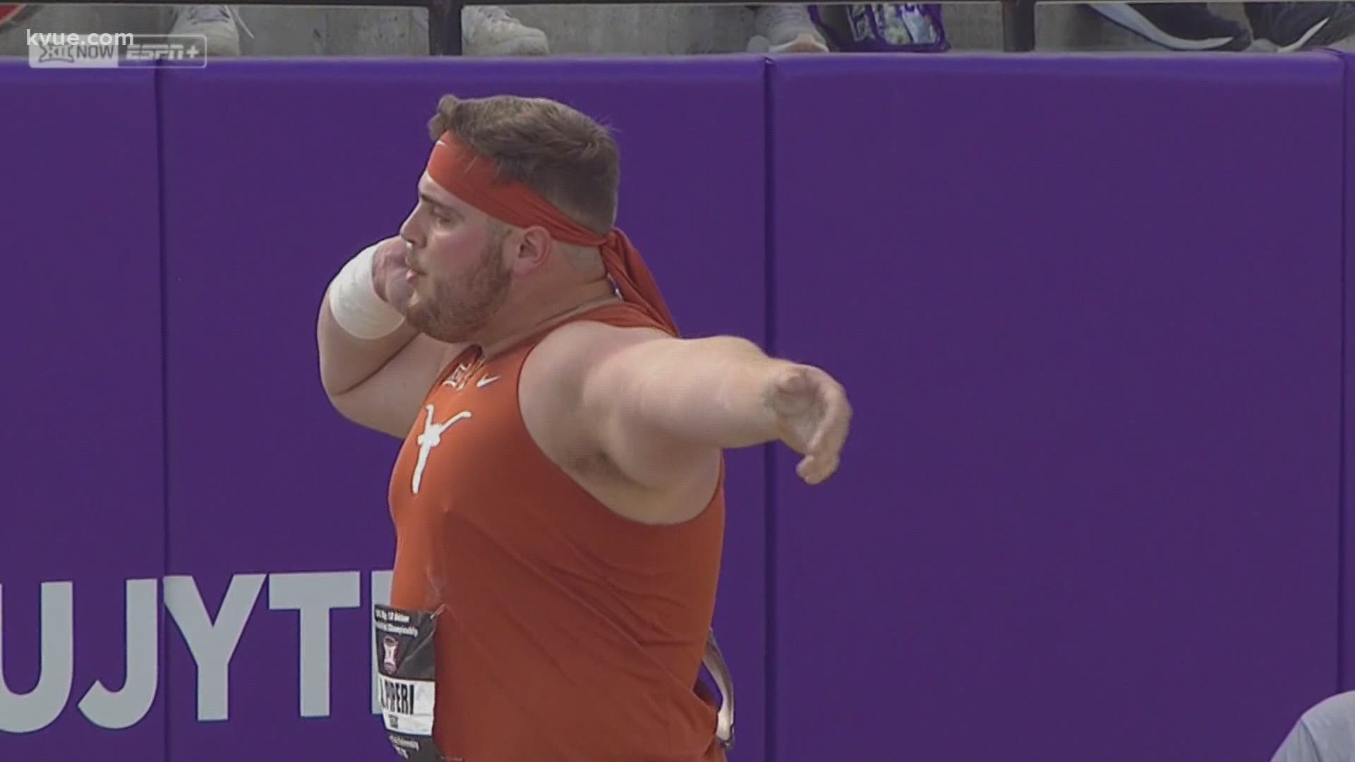 Texas shot put star Tripp Piperi won a seventh Big 12 championship with his first competitive throw since he had ankle surgery two months ago.