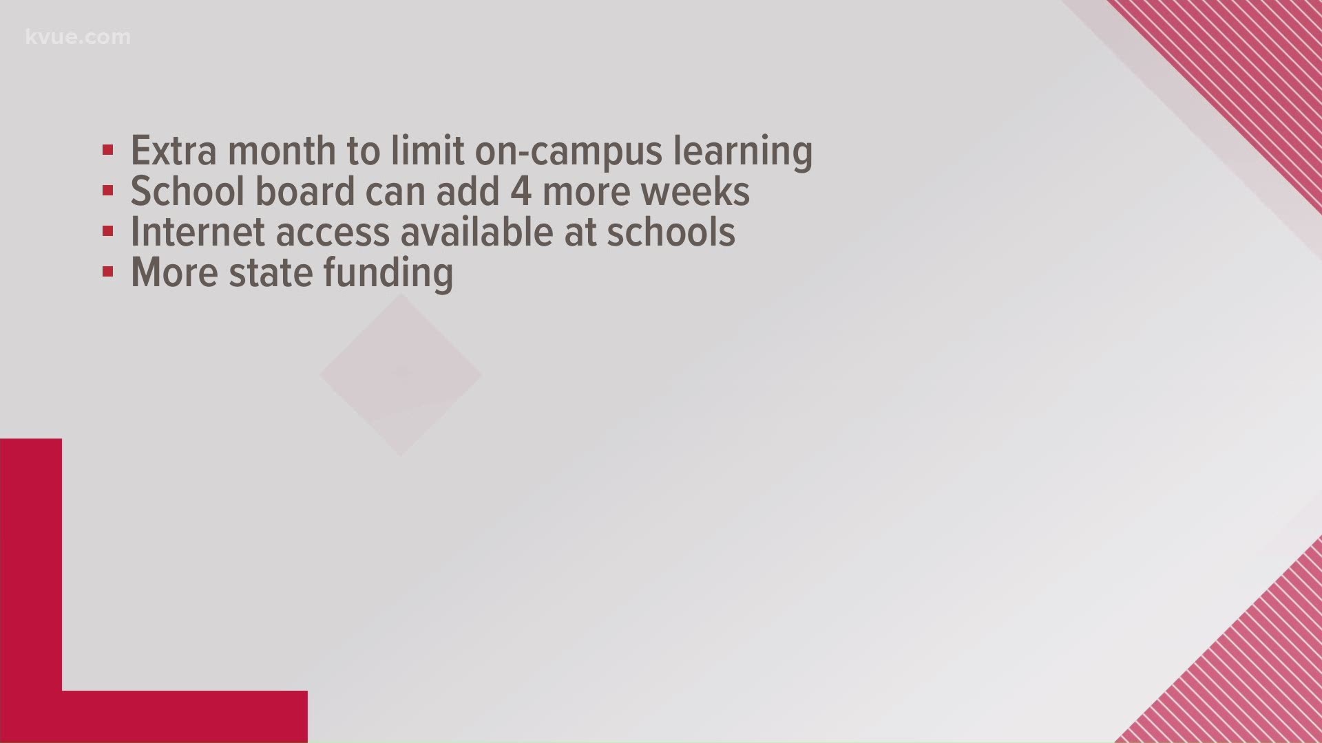 Schools can continue to limit access to on-campus classes for an additional four weeks if needed.