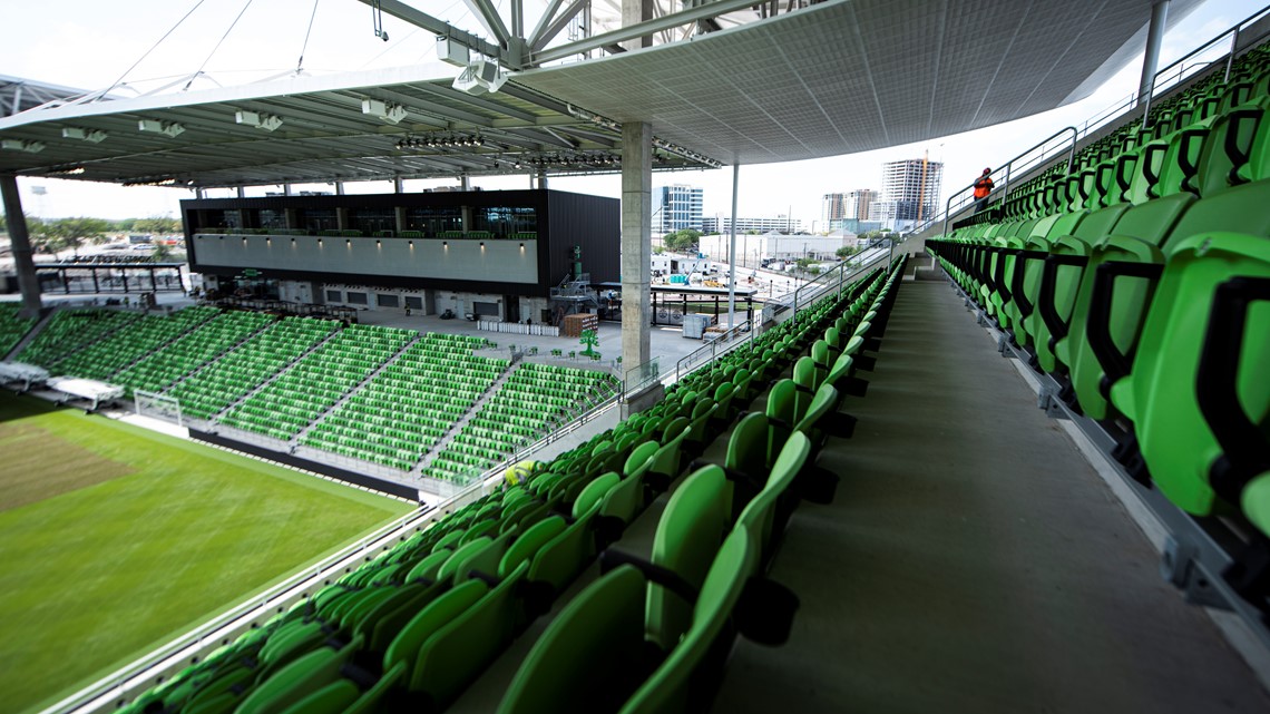 Austin Texas USA, July 29, 2023: Fans stay mostly in the shade under the  overhang at Austin's Q2 Stadium as they await the start of a match between  Austin FC and FC