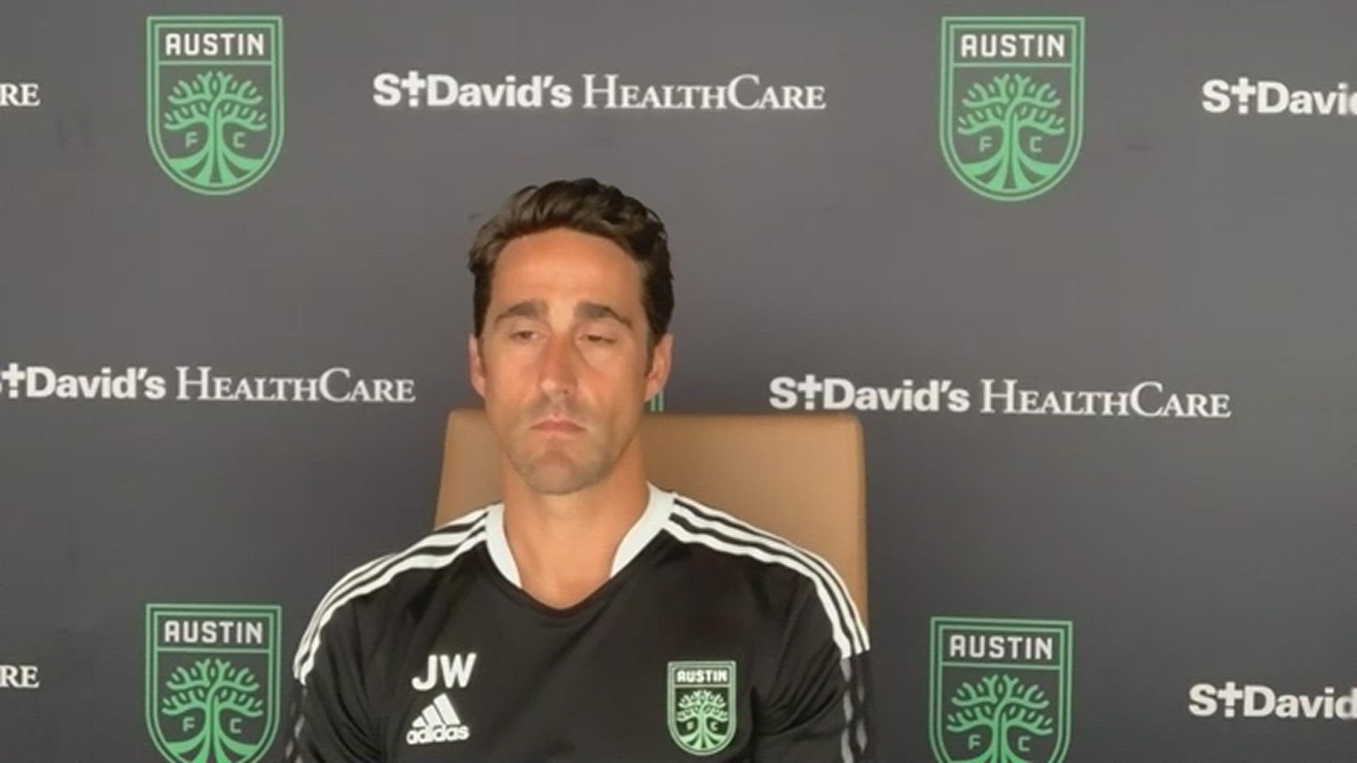 Austin FC head coach Josh Wolff speaks to the media before its third match of the season against LAFC.