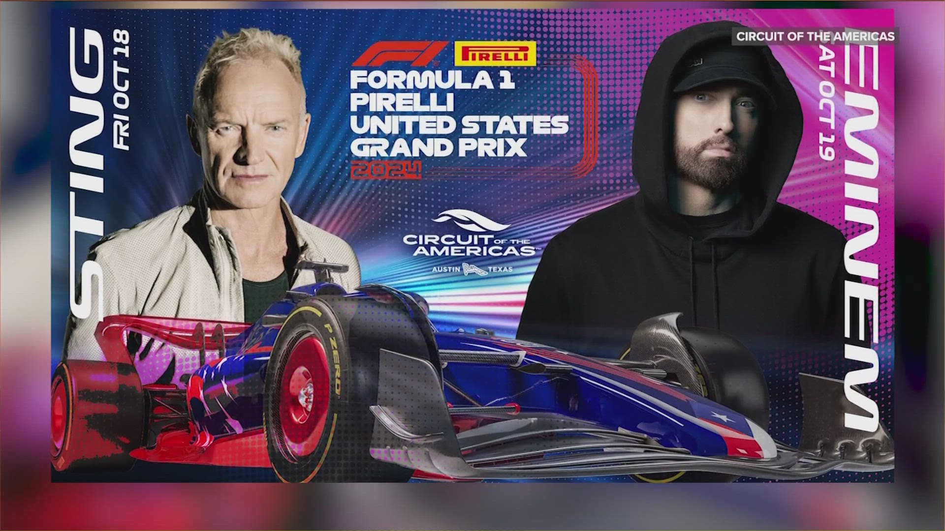 Sting and Eminem will headline race weekend for the Formula One U.S. Grand Prix at Circuit of the Americas.