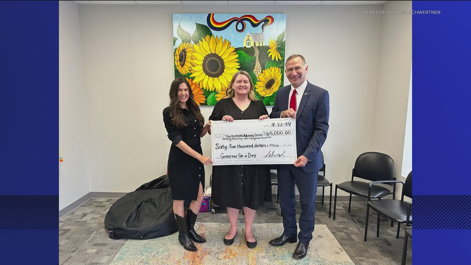 Schwertner visited the Children's Advocacy Center in Bastrop to deliver a $65,000 check.