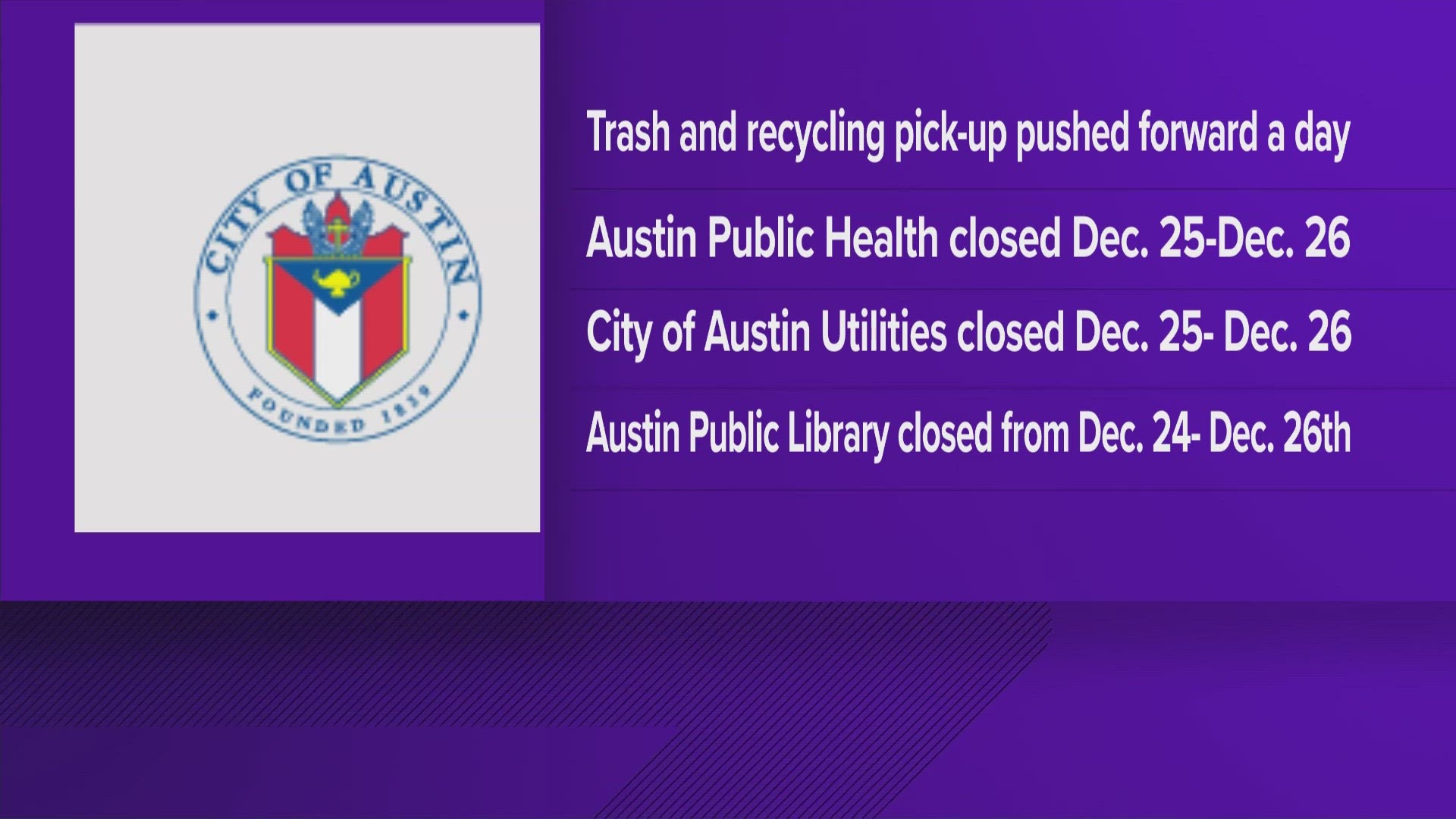 Austin area closures for the holiday season