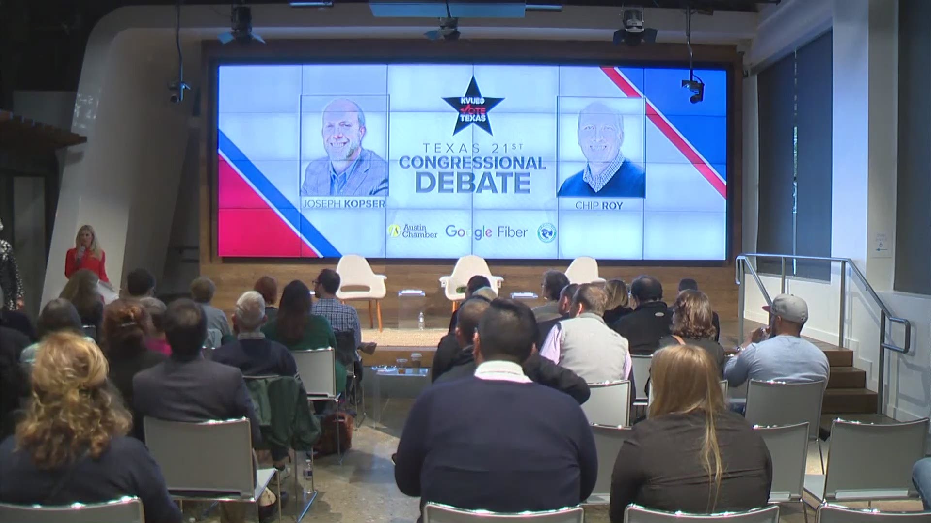 KVUE News partnered with the Greater Austin Chamber of Commerce, San Marcos Area Chamber of Commerce and Google Fiber to host a debate between Democrat Joseph Kopser and Republican Chip Roy, candidates for the U.S. House of Representatives District 21.
