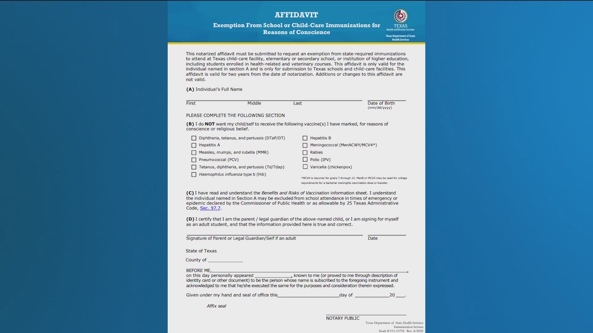 The Texas Health and Human Services recently shared a downloadable version of the vaccine exemption form, which was previously available by mail. 