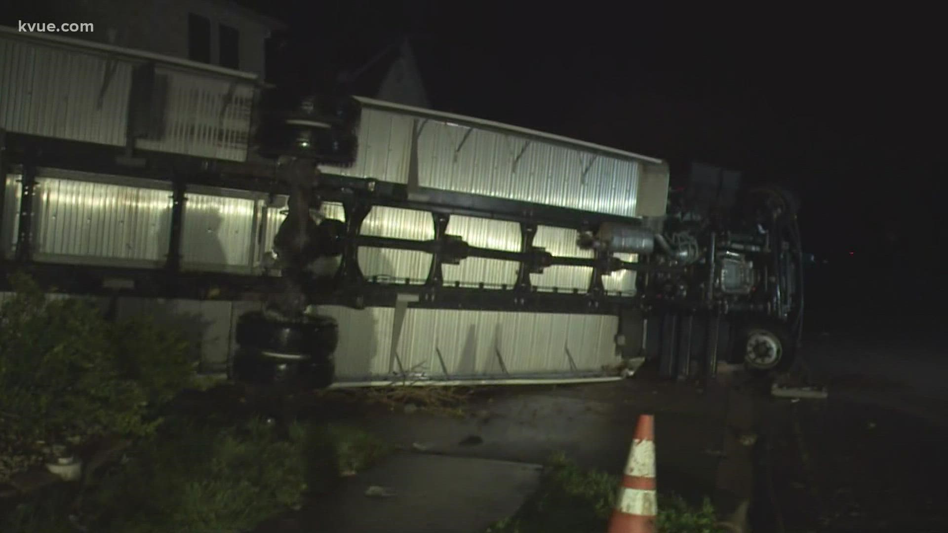 A U-Haul was seen completely turned over after a tornado touched down in Round Rock.