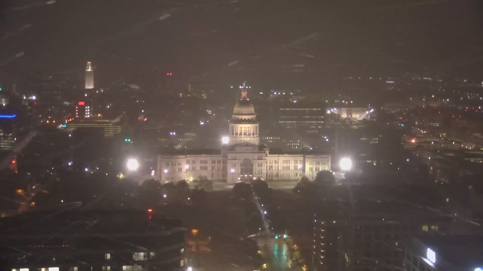 Snow on Wednesday night over Downtown Austin