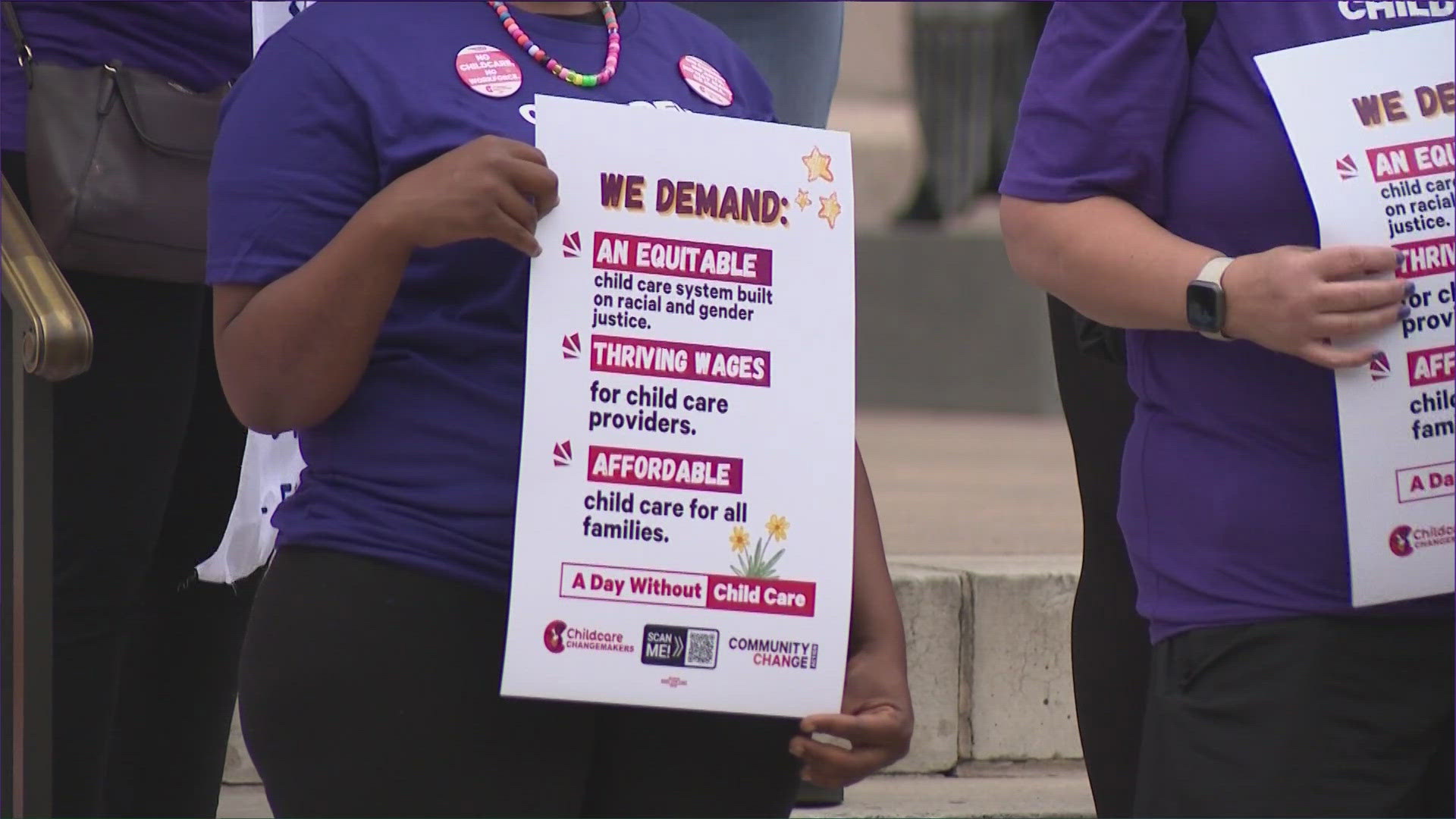 Advocates gathered at the Texas State Capitol Monday morning to rally for better pay and affordable child care for families.