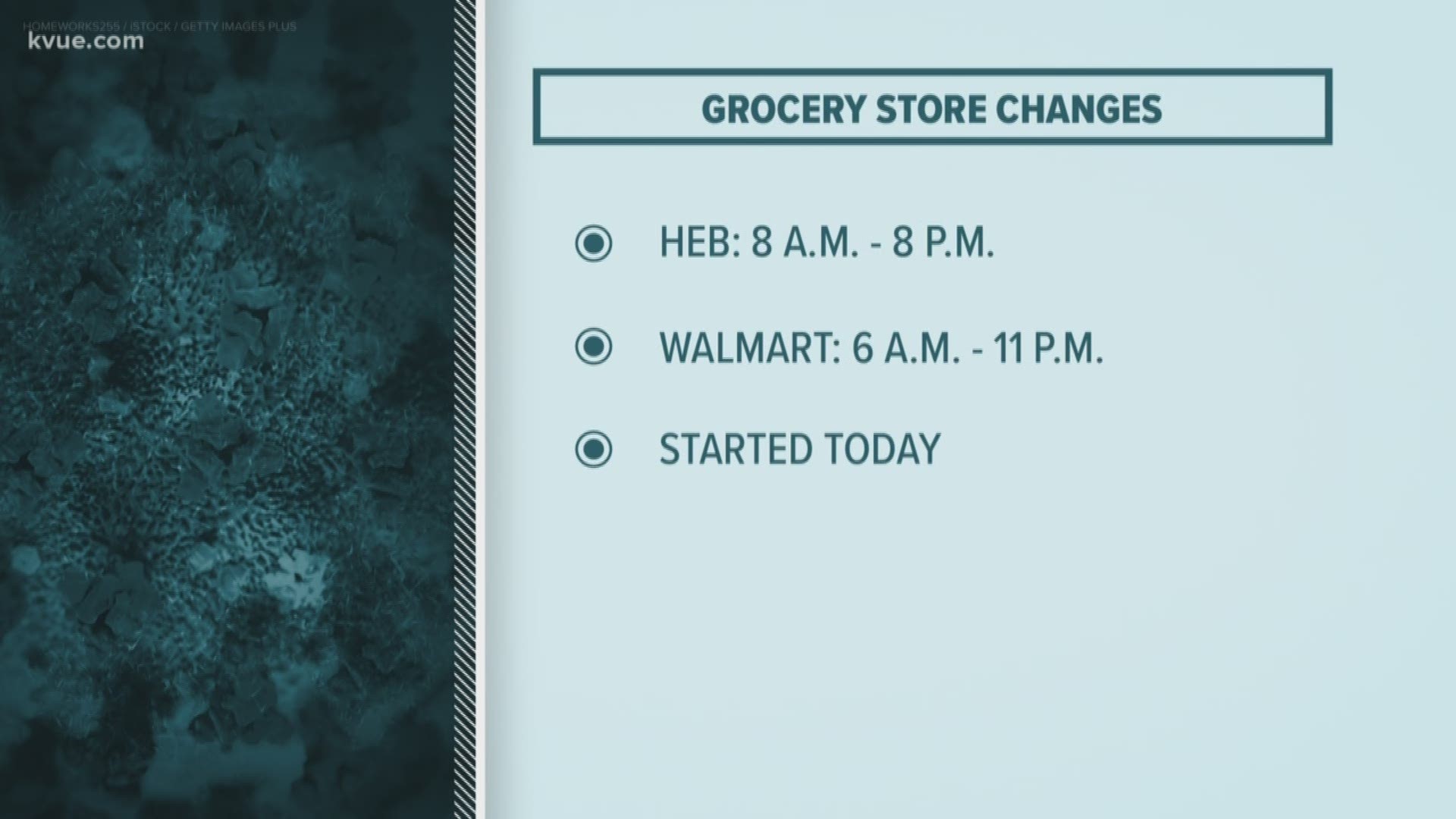 H-E-B will be open from 8 a.m. to 8 p.m. every day and most Walmart stores will be open from 6 a.m. to 11 p.m.