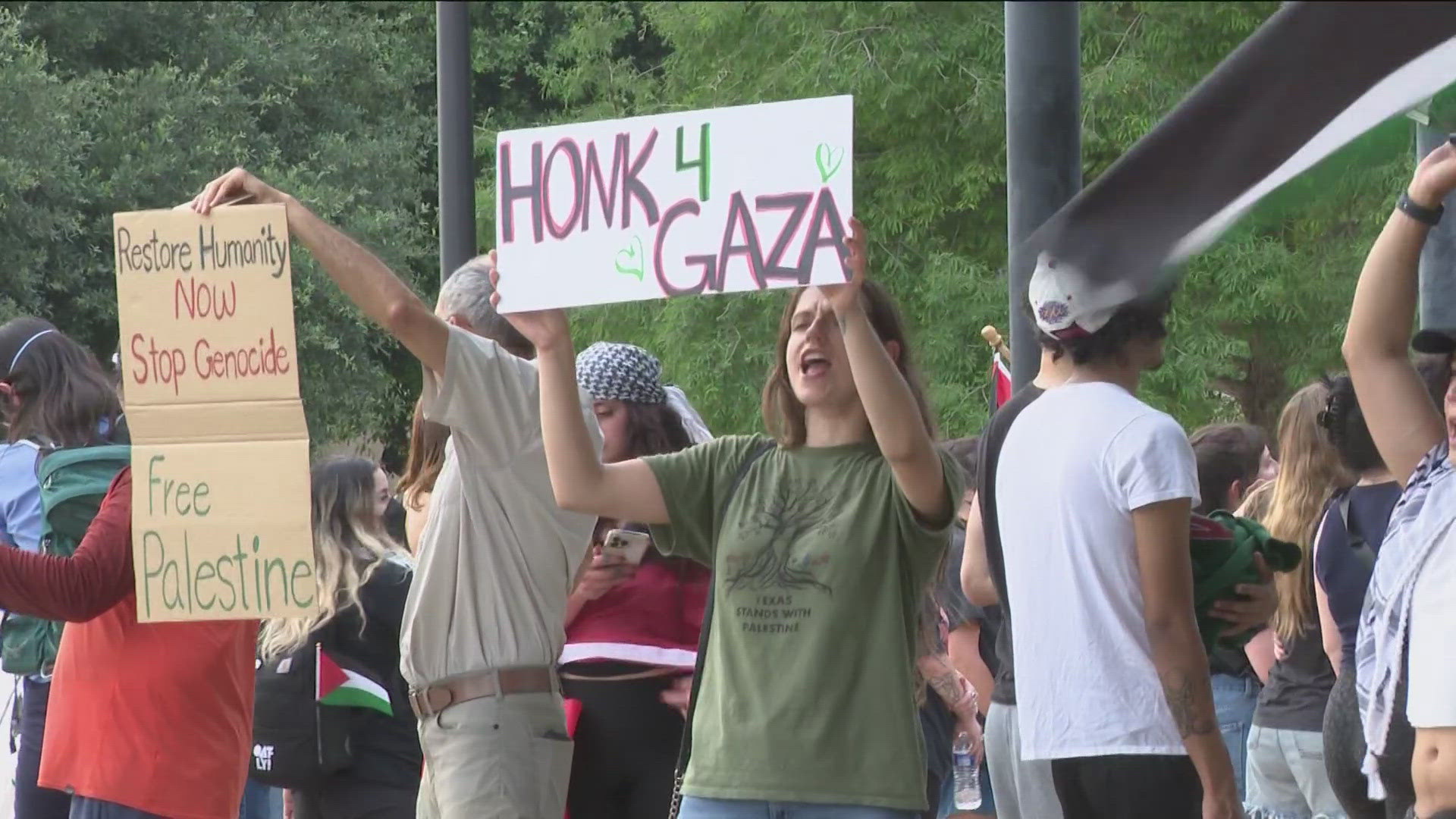 A group of pro-Palestine protesters rallied outside of Austin City Hall on Tuesday.