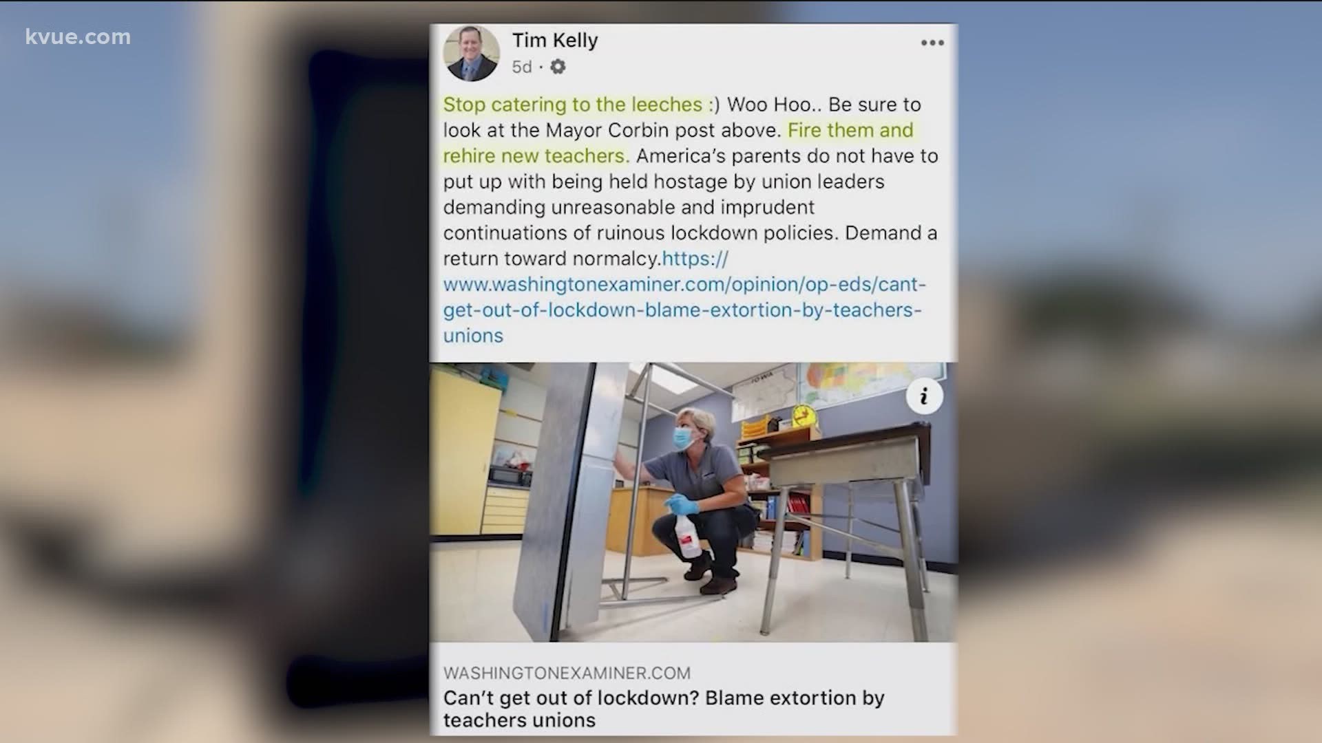 A Cedar Park city councilmember's job may be on the line. Tim Kelly called teachers "leeches" in a Facebook post and now some are trying to kick him out of office.