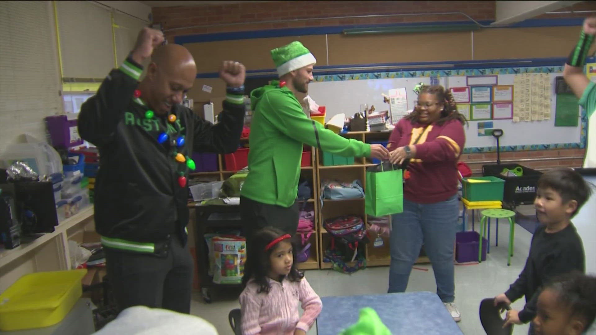 The team partnered with H-E-B to deliver gifts to teachers at Pecan Springs Elementary in East Austin.