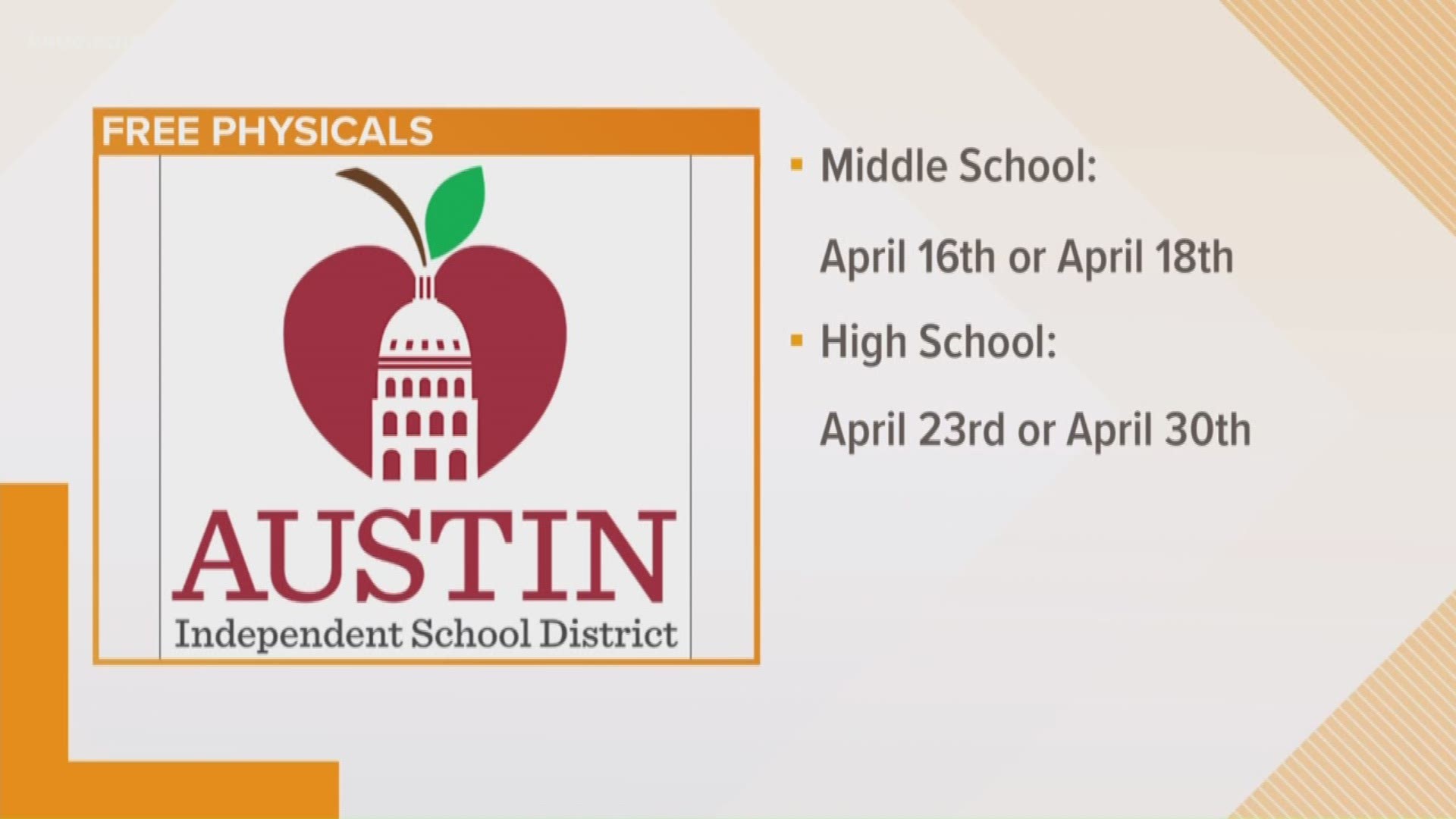 Some Austin ISD athletes will be able to get free physicals this week. Middle and high school students who plant to play sports or be in the marching band are required to get a physical.