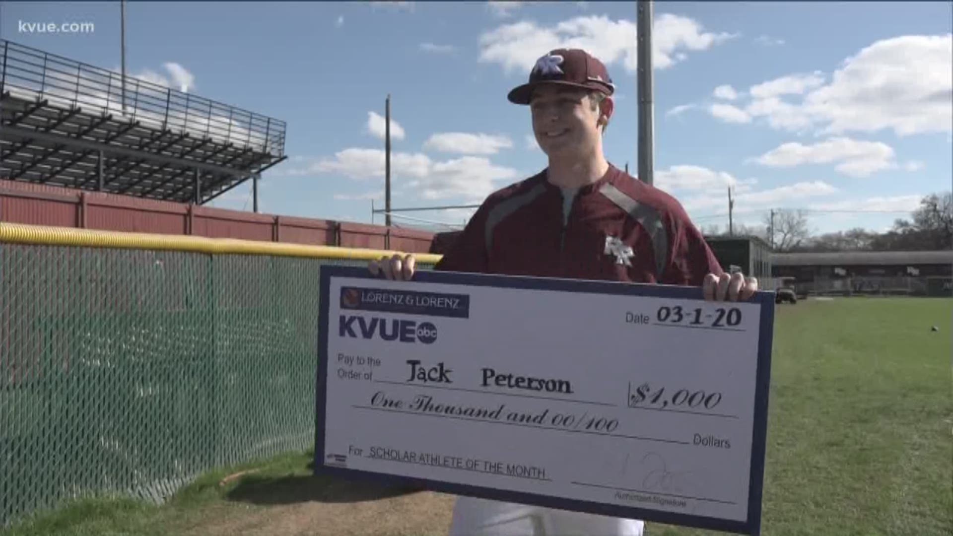 Round Rock baseball player Jack Peterson was awarded the KVUE Scholar Athlete of the Month for March in partnership with Lorenz & Lorenz.