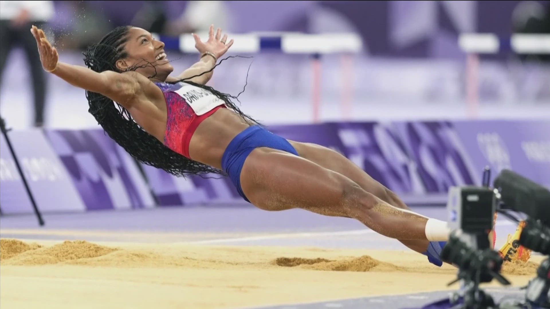 The Olympian flew 7.1 meters in the long jump competition.